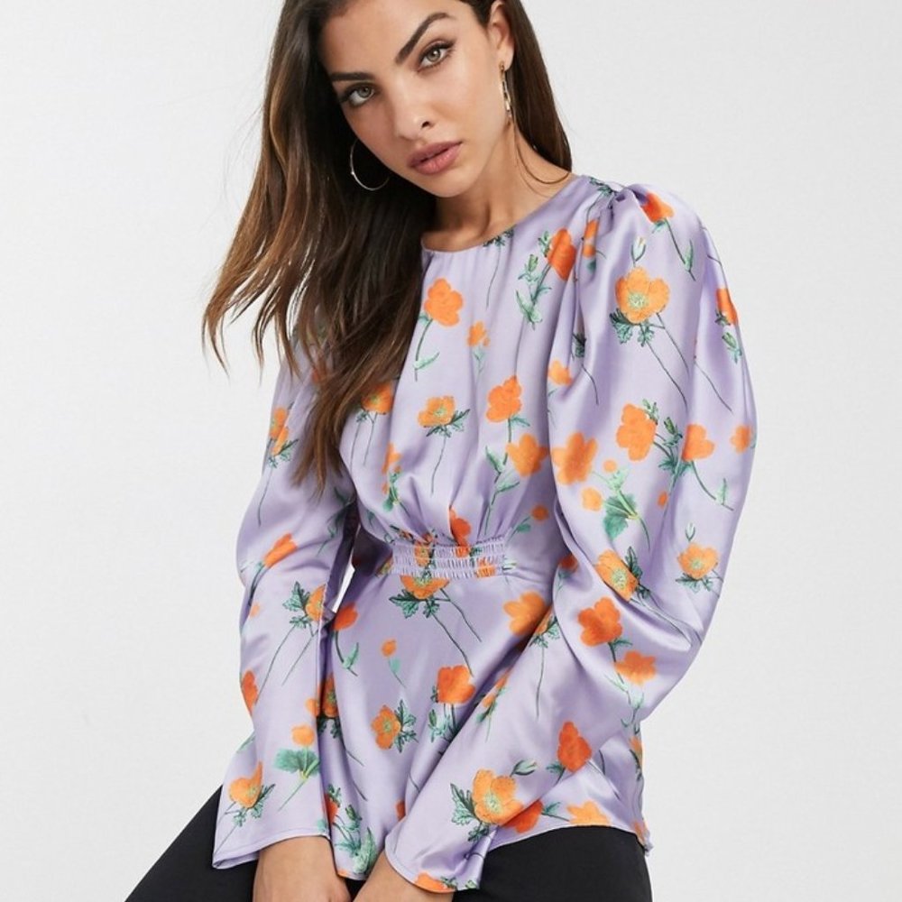NEW Asos Size 14 Women's Purple Orange‎ Floral Smocked Puff Sleeve Blouse Top